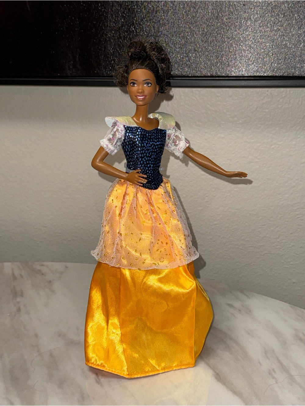 Barbie dark complexion black curly hair snow whote dress articulated limbs